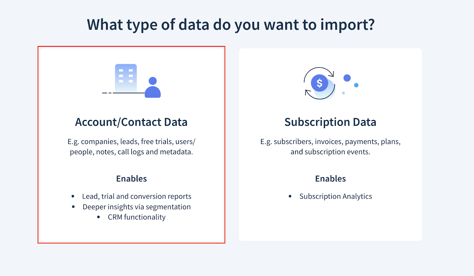 Screenshot of the screen where you choose the type of data to import.