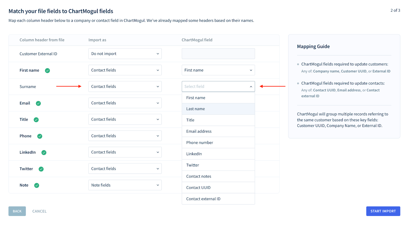 Screenshot of the Match your file fields to ChartMogul fields screen with drop-downs to adjust ChartMogul’s selections.