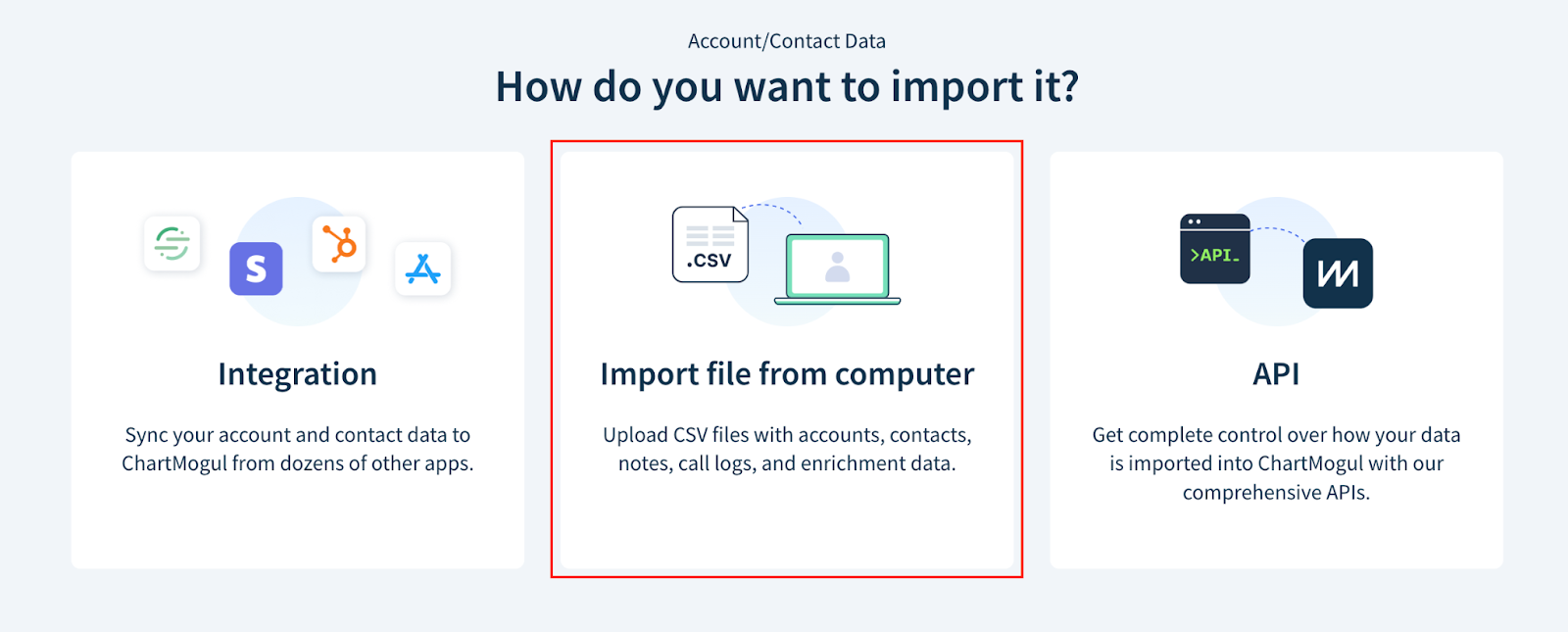 Screenshot of the screen where you choose the import method.