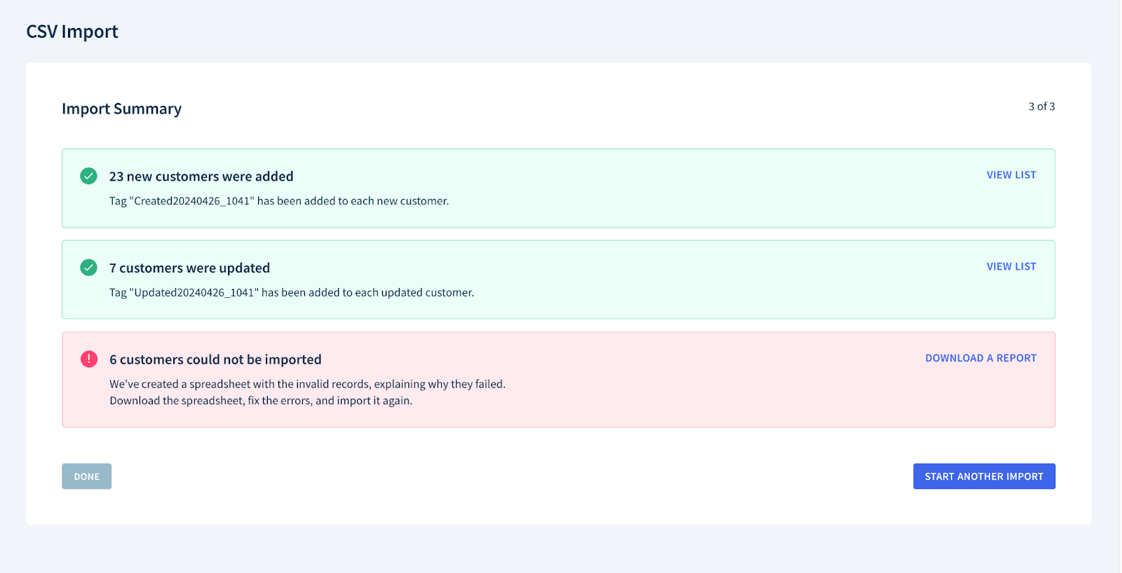 Screenshot of the Import Summary breaking down added and updated customers as well as those who failed to import.