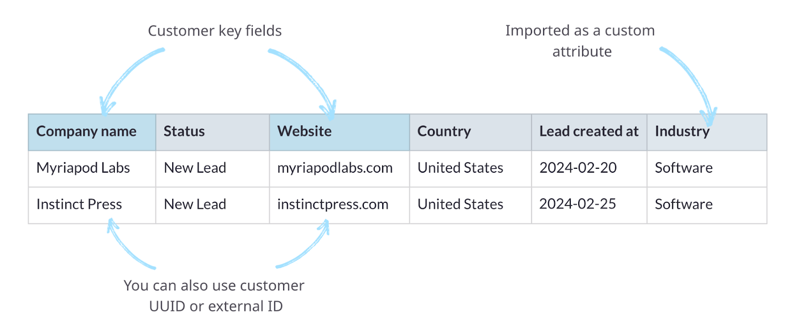 Table showing example columns for importing customers and custom attributes: Company name, Status, Website, Country, Lead created at, and Industry. Company name and Website are customer key fields. You can also use customer UUID or external ID as customer key fields. Industry is imported as a custom attribute.