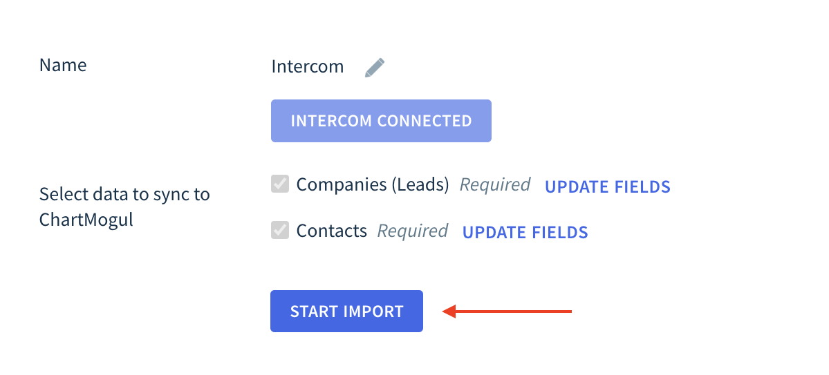 Screenshot of the Intercom Data Source dialog showing the location of the Start Import button.