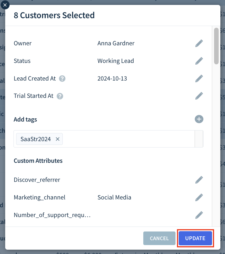 Screenshot of the bulk edit dialog highlighting the location of the Update button.