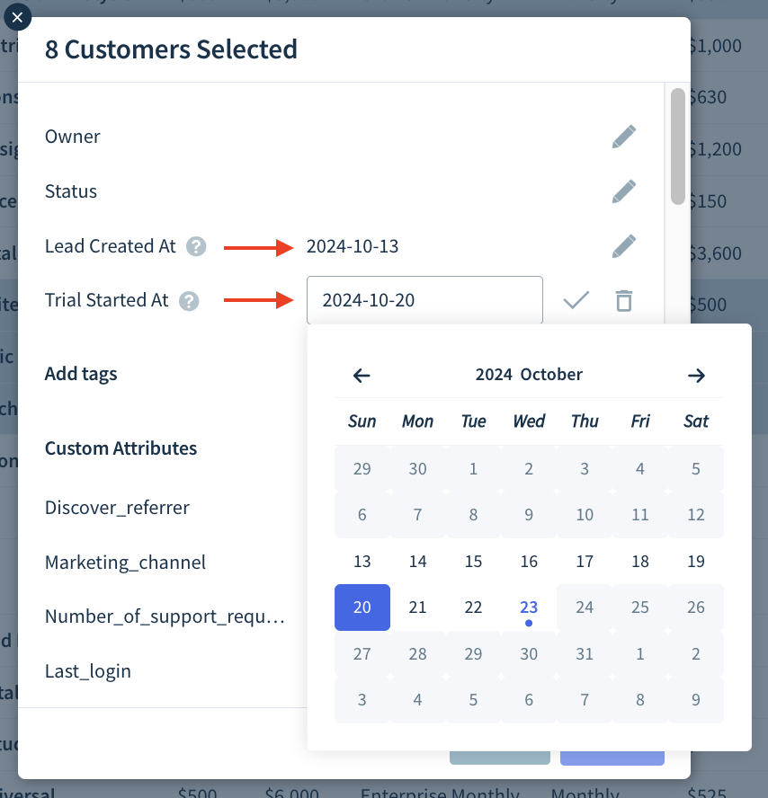 Screenshot showing the selection of the lead and trial dates.