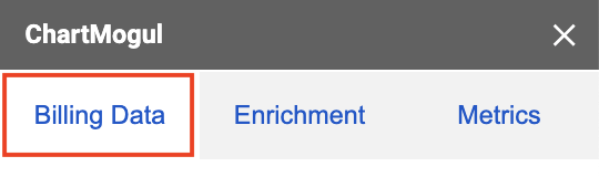 Screenshot of the side panel with the Google Sheets app showing the location of the Billing Data tab.