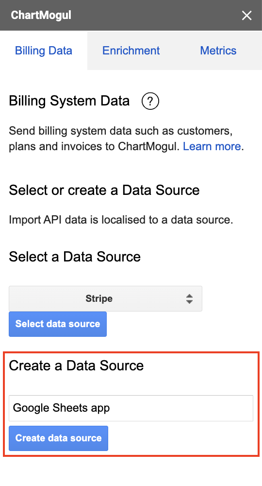 Screenshot of the Billing Data tab with the field and button used to create a source.