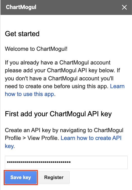 Screenshot of the side panel with the Google Sheets app with an API key pasted into the field. The Save key button is highlighted.
