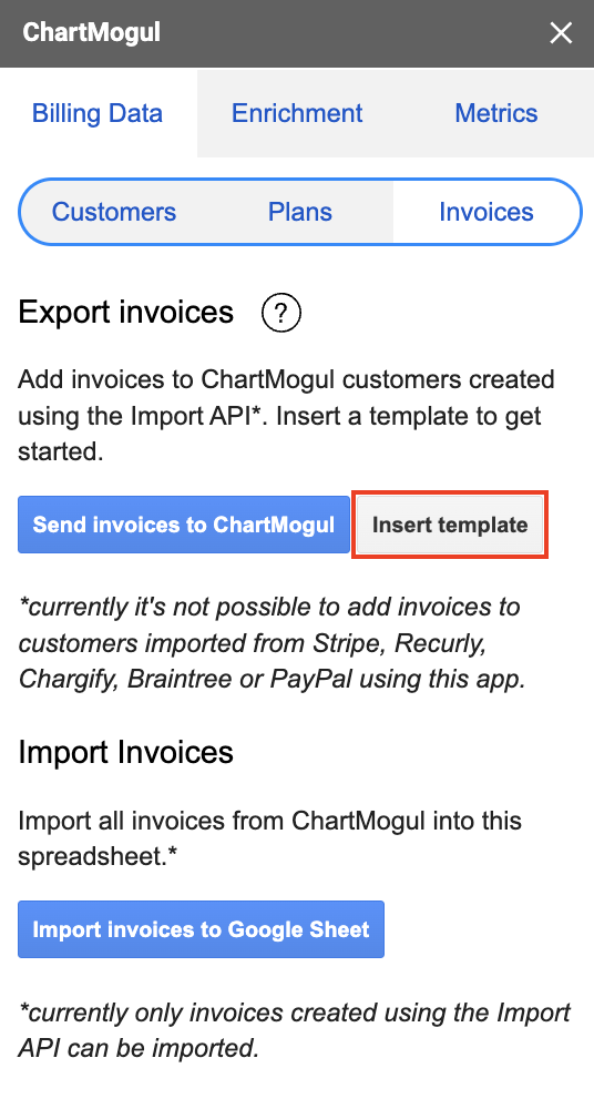 Screenshot of the Invoices subtab within the Billing Data tab with the Insert template button highlighted.