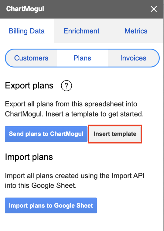 Screenshot of the Plans subtab within the Billing Data tab with the Insert template button highlighted.