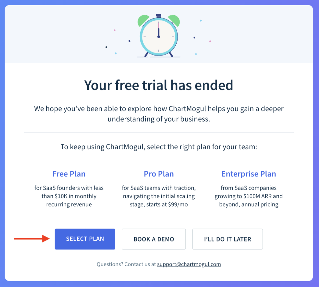 Screenshot of the page prompting you to activate your account with the Select Plan button highlighted.
