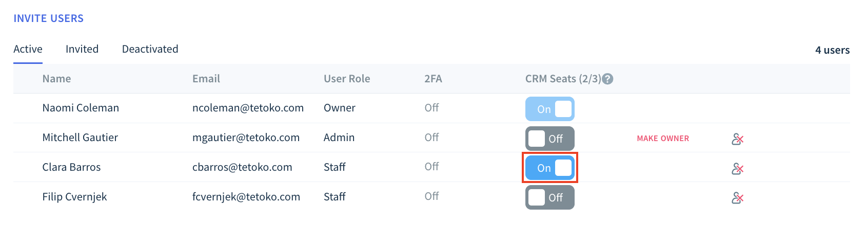Screenshot of the Users table showing the placement of the CRM Seats toggle.