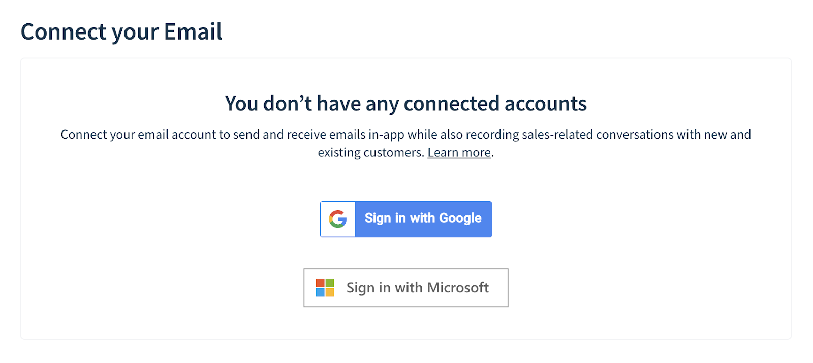 Screenshot of the Connect your Email page with options to sign in with Google or Microsoft.