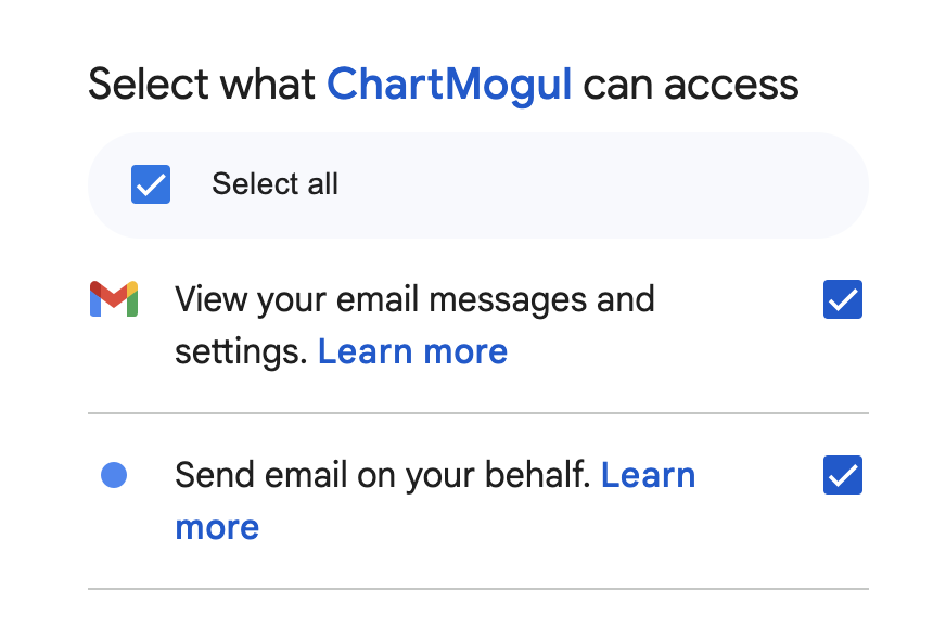 Screenshot of the options to authorize ChartMogul to access your Gmail messages and settings and send email on your behalf.