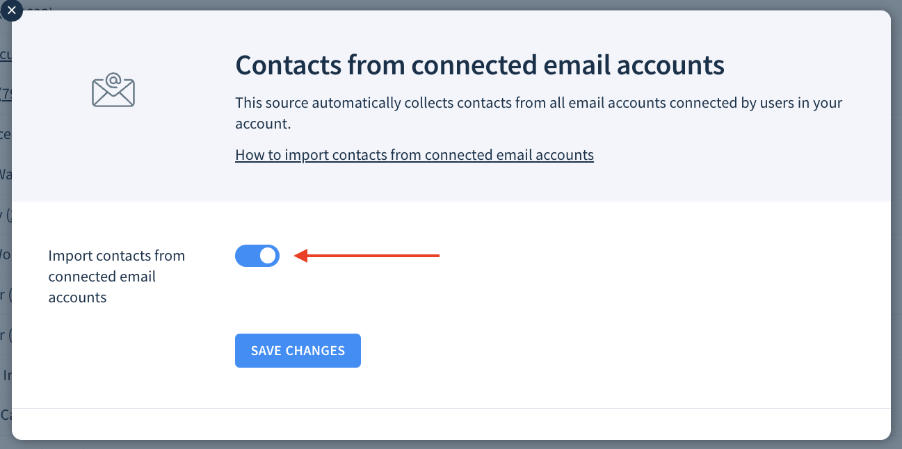 Screenshot of the configuration dialog for the Contacts from connected email accounts highlighting the Import contacts from connected email accounts toggle.