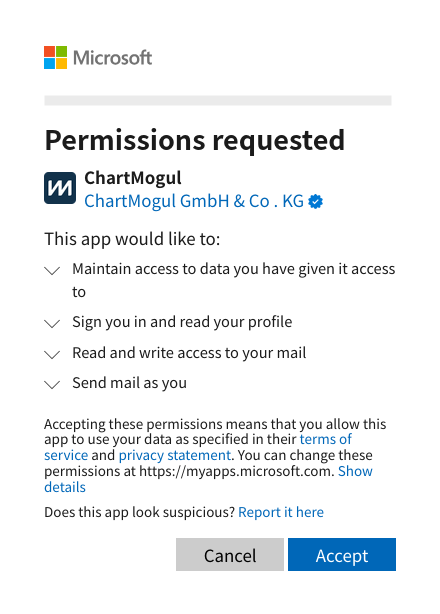 Screenshot of the page where you allow ChartMogul to access your Microsoft account.