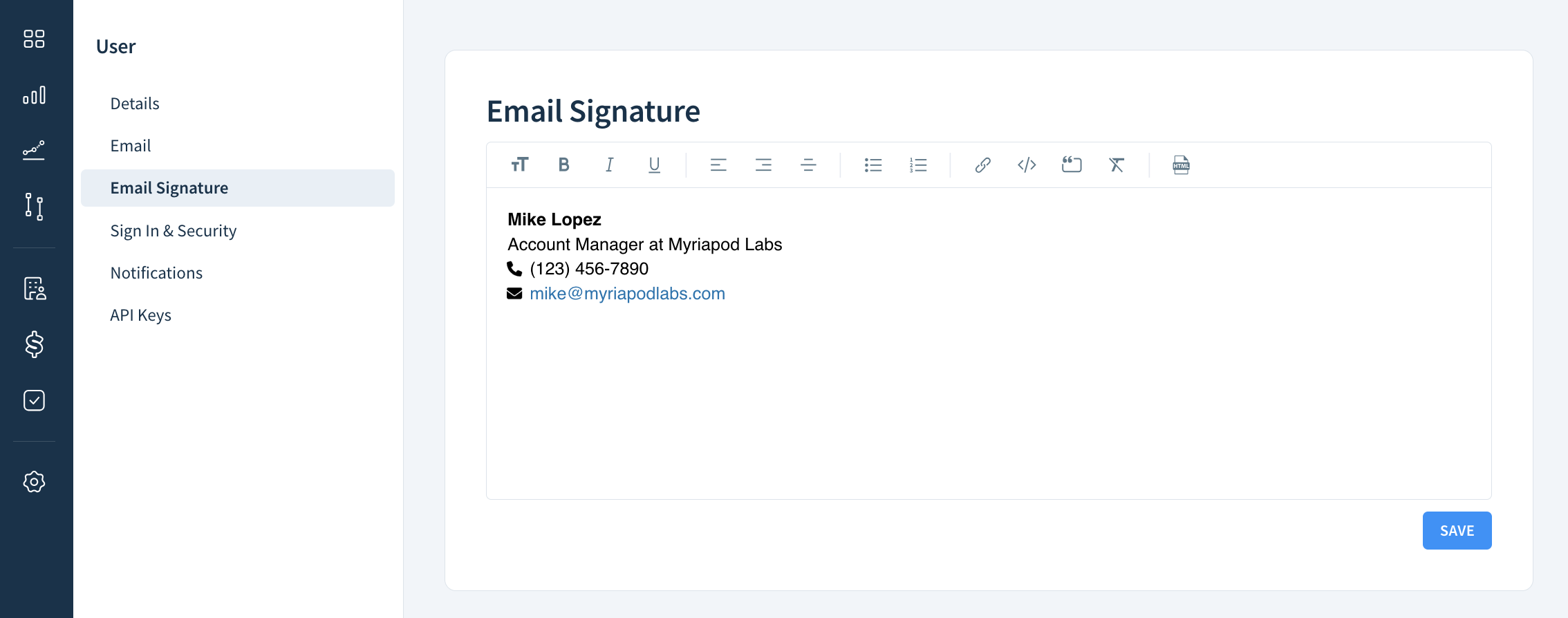 Screenshot of the Email Signature page.