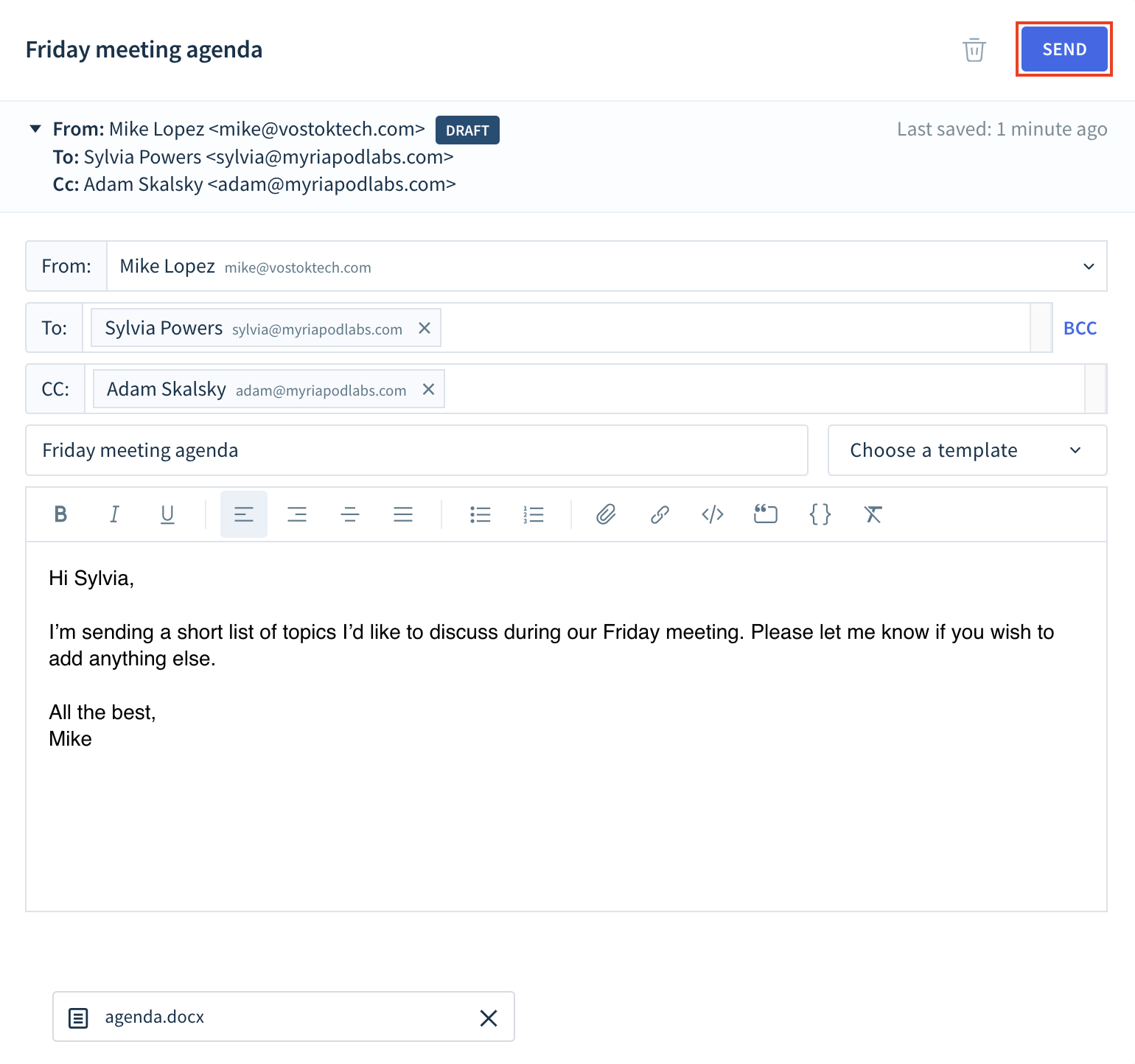 Screenshot of an example email composed in ChartMogul. The Send button is highlighted.