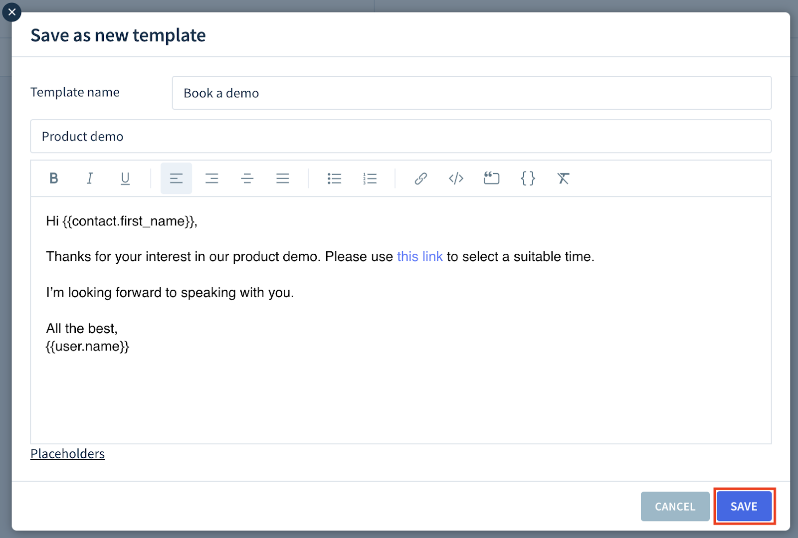 Screenshot of the Save as new template dialog with an example email template. The Save button is highlighted.