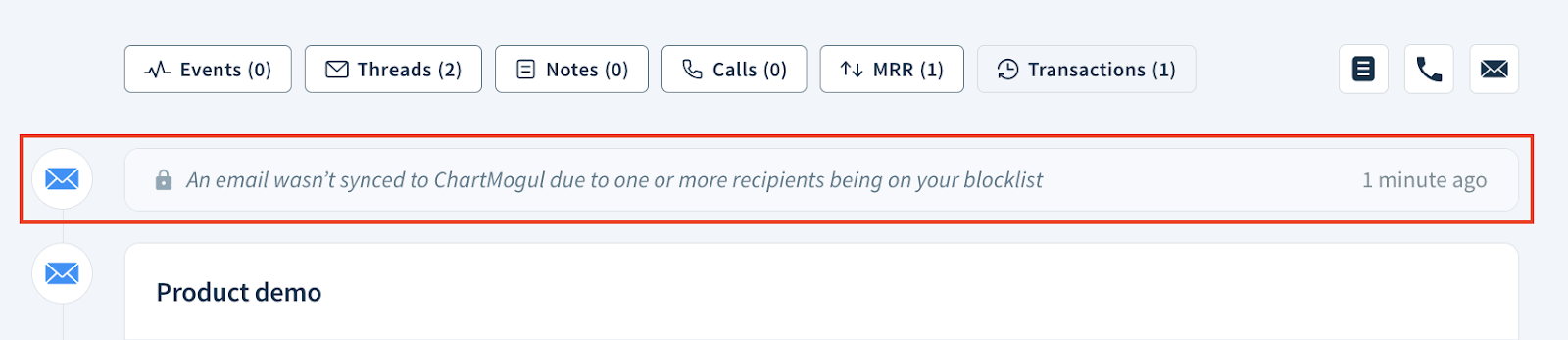 Screenshot of a message in the customer record feed saying, An email wasn’t synced to ChartMogul due to one or more recipients being on your blocklist.