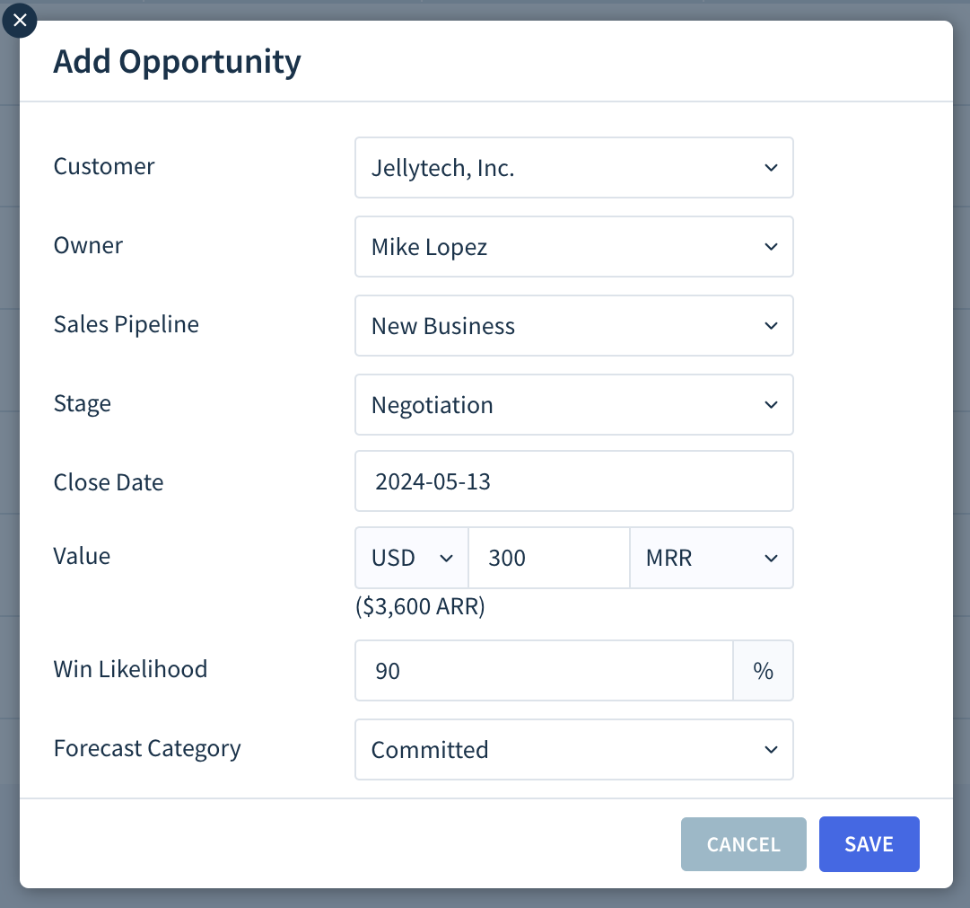 Screenshot of the Add Opportunity dialog with fields as described here.