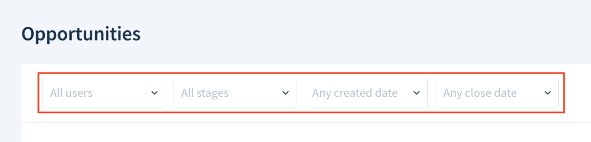 Screenshot of the filter drop-downs above an opportunity list.
