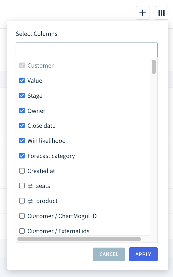 Screenshot of the column selection drop-down with the Apply button highlighted.