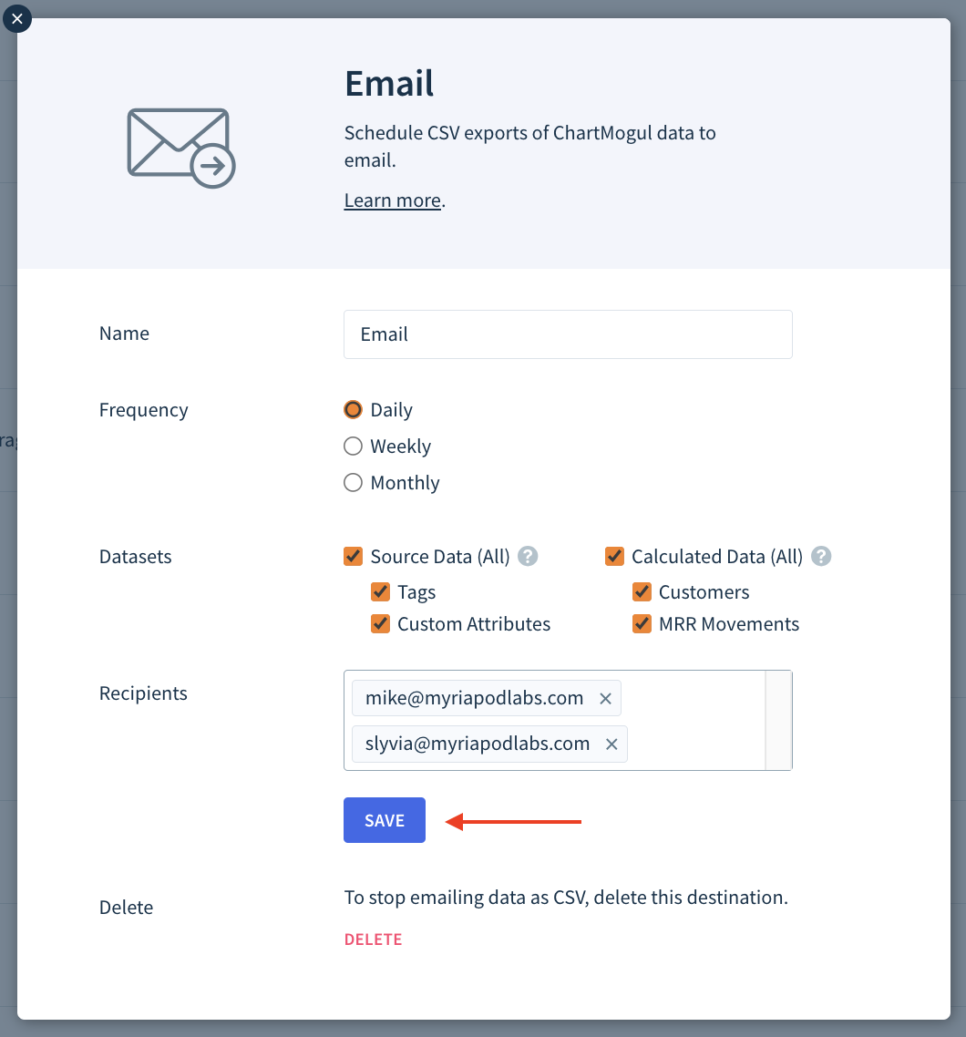 Screenshot of the modal to configure email destination settings. The Save button is highlighted.