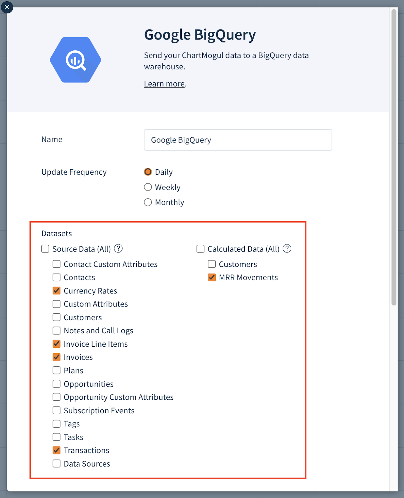Screenshot of the Add a Destination dialog with some of Datasets selected.