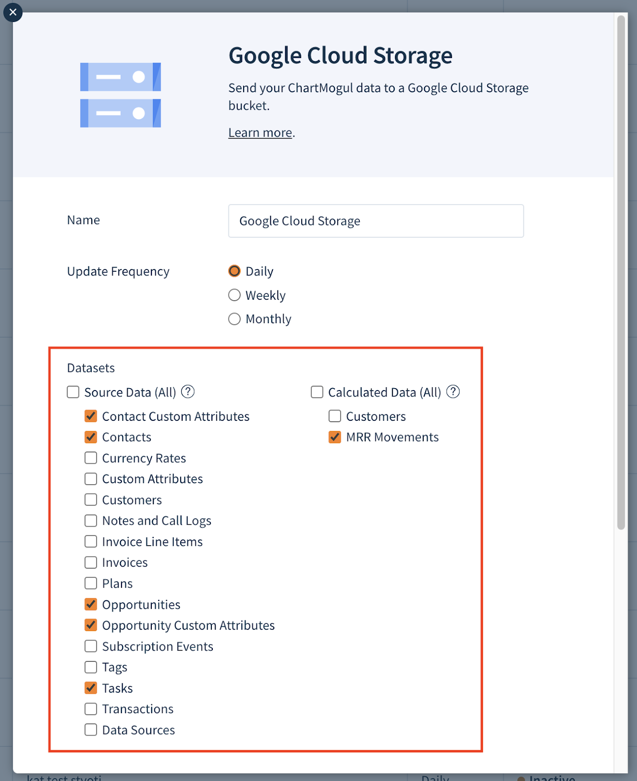 Screenshot of the Add a Destination dialog with some of Datasets selected.