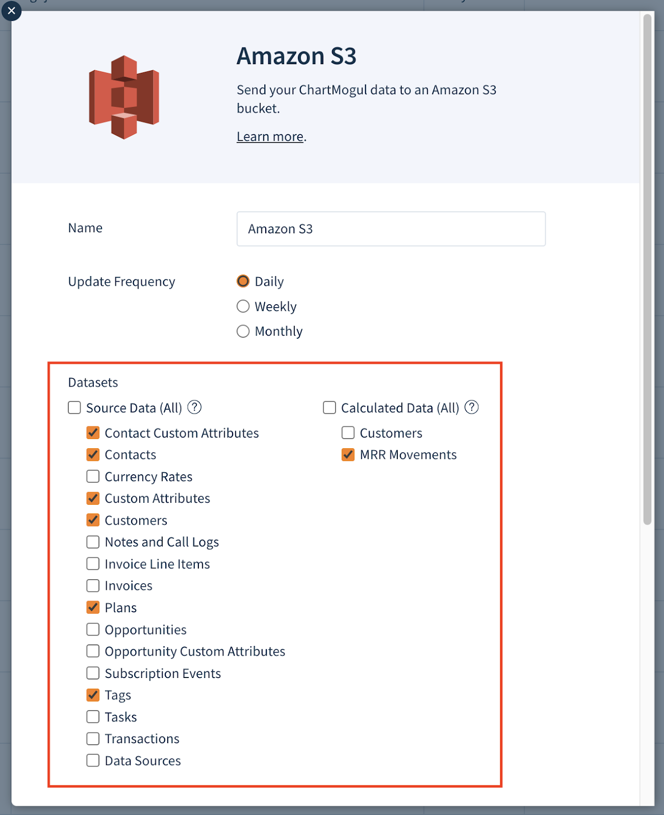 Screenshot of the Add a Destination dialog with some of Datasets selected.