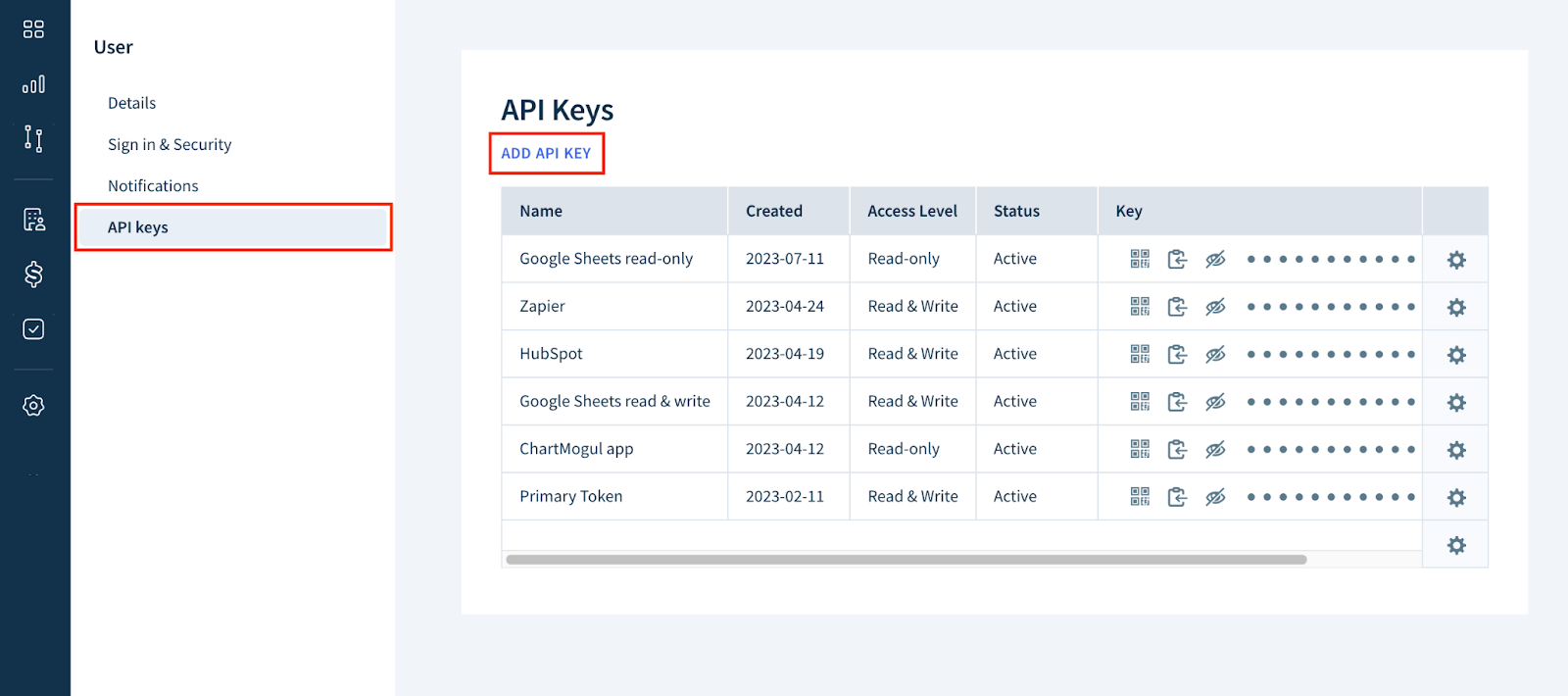 Screenshot of the API page, with a table listing various API keys and a link above the table saying, “Add API Key”.