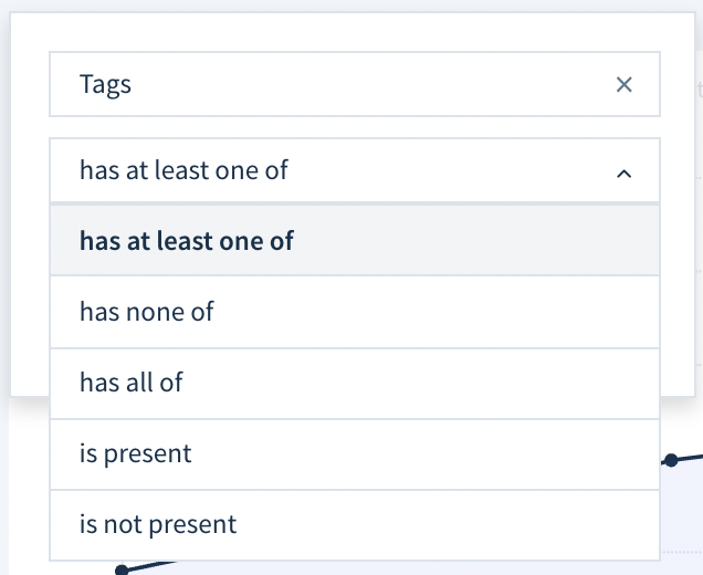 Screenshot of the five filter operators in the filter dropdown as described here