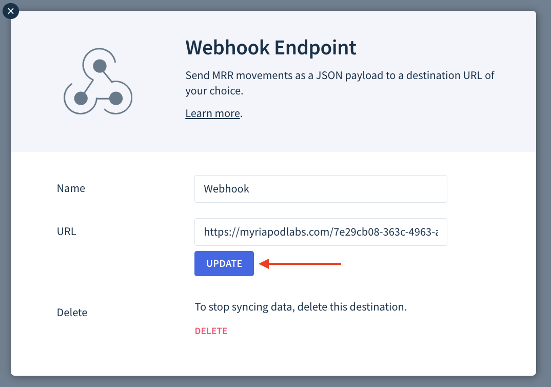 Screenshot of the modal for registering a webhook with the Update button highlighted.