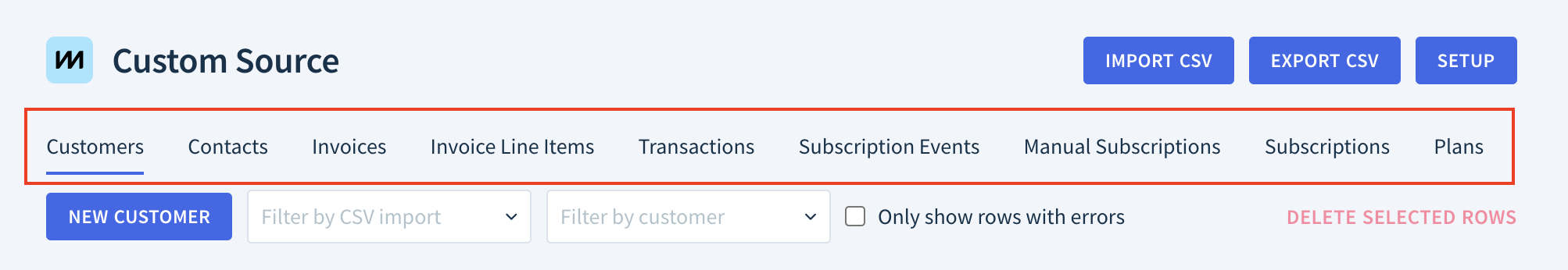 Screenshot showing the location of the dataset tabs: Customers, Contacts, Invoices, Invoice Line Items, Transactions, Subscription Events, Manual Subscriptions, Subscriptions, and Plans.