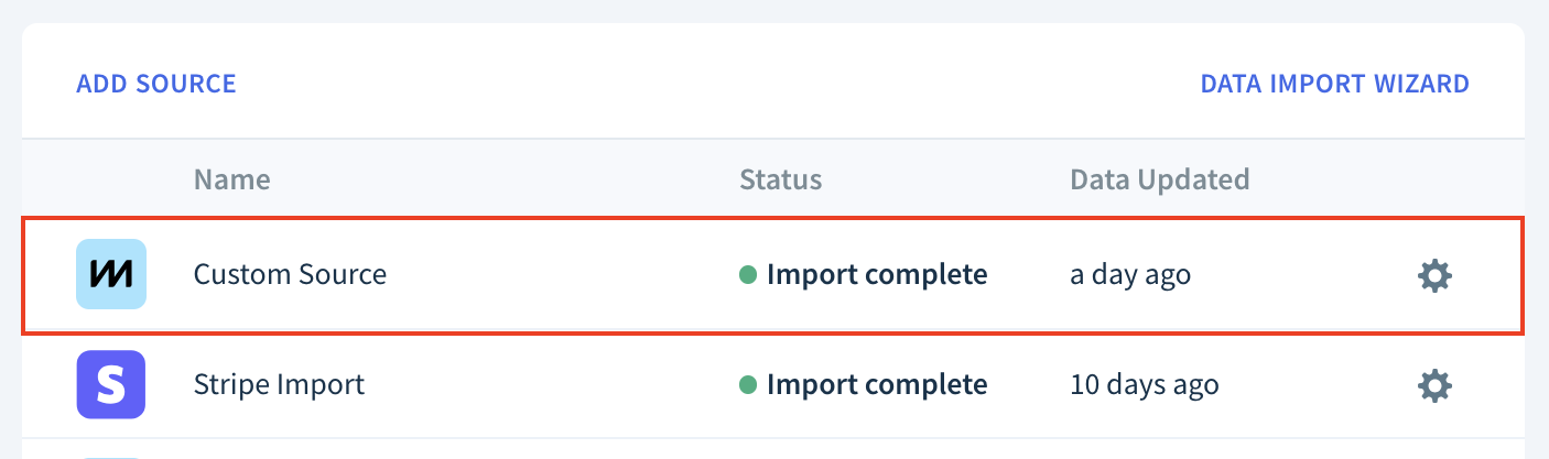 Screenshot of the list of sources with a custom source highlighted.