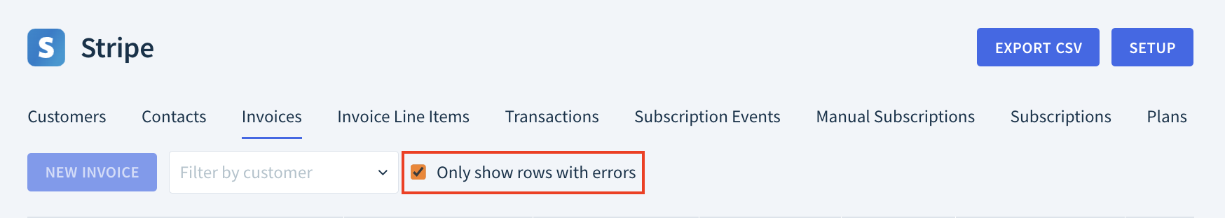 Screenshot of a source page highlighting the Only show rows with errors checkbox.