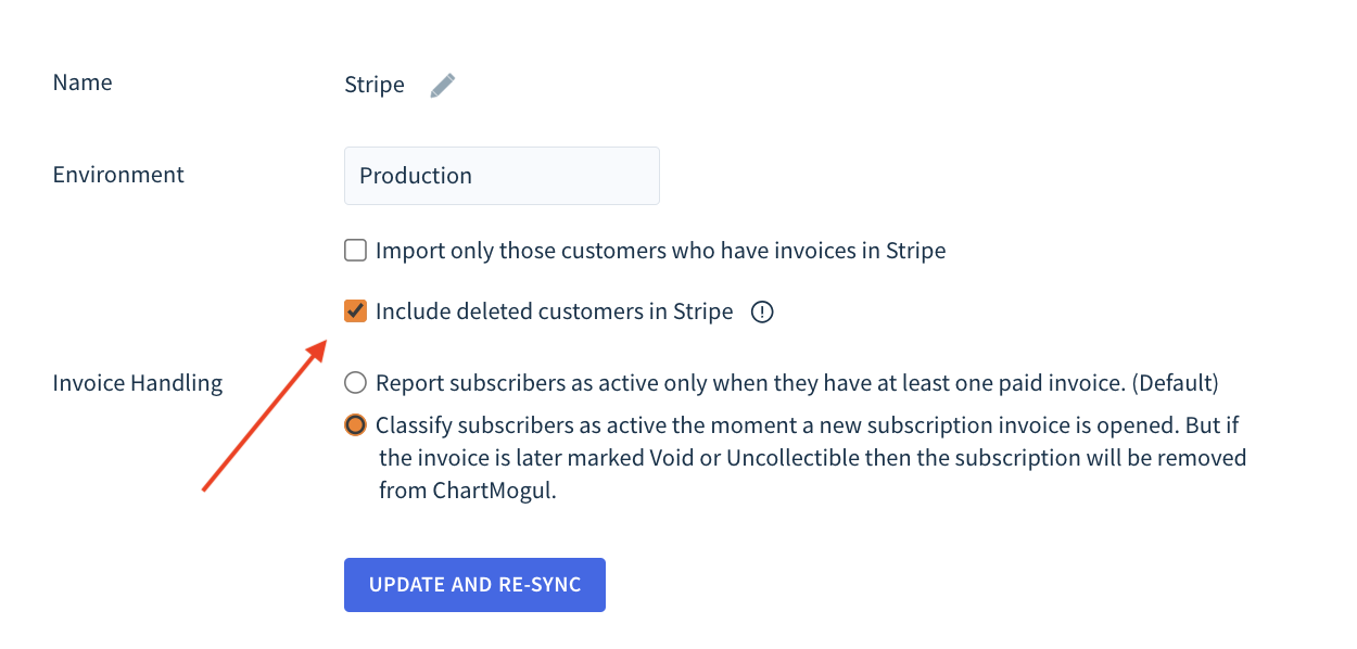 Screenshot of Stripe settings with the Include deleted customers in Stripe highlighted.