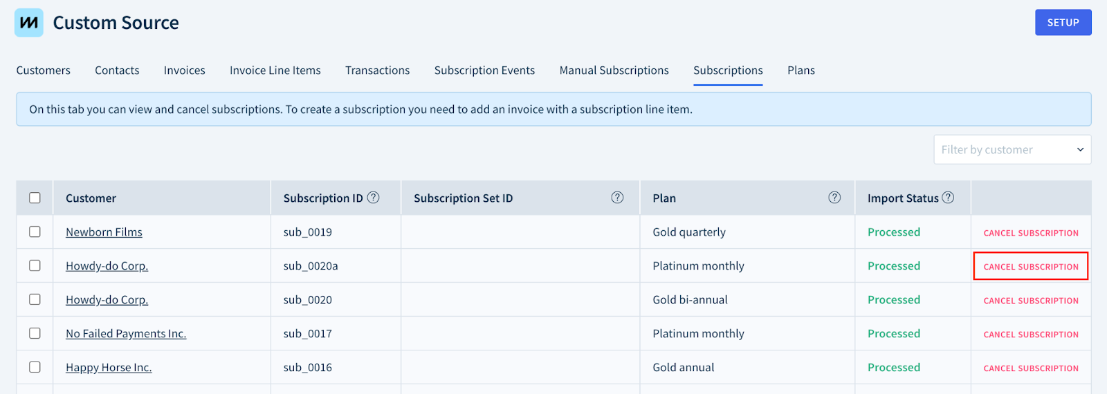 Screenshot of the Subscriptions table with the Cancel Subscription option highlighted.