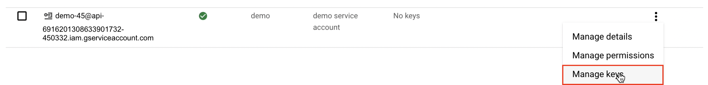 Screenshot of the Actions dropdown with the Manage keys option highlighted.