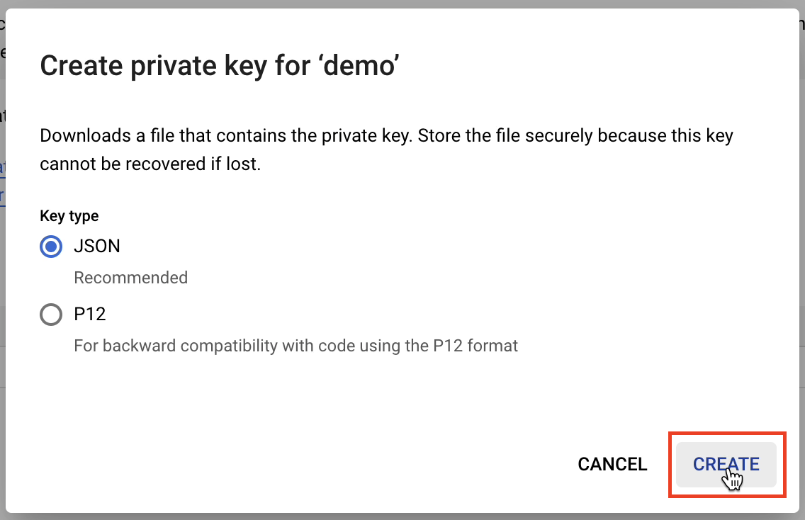 Screenshot of the Create private key for ‘demo’ dialog wth the JSON key type selected. The Create button is highlighted.