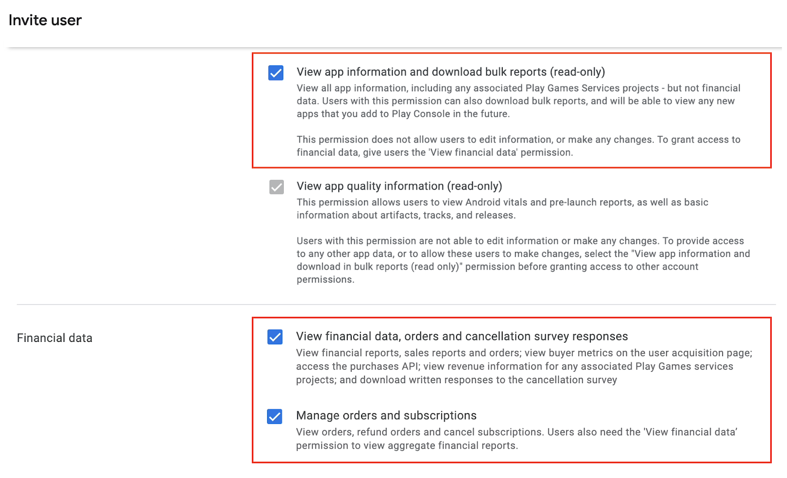 Screenshot of the Account permissions list with three elements highlighted. Element one:View app information and download bulk reports (read-only). Element two: View financial data, orders and cancellation survey responses. Element three: Manage orders and subscriptions.