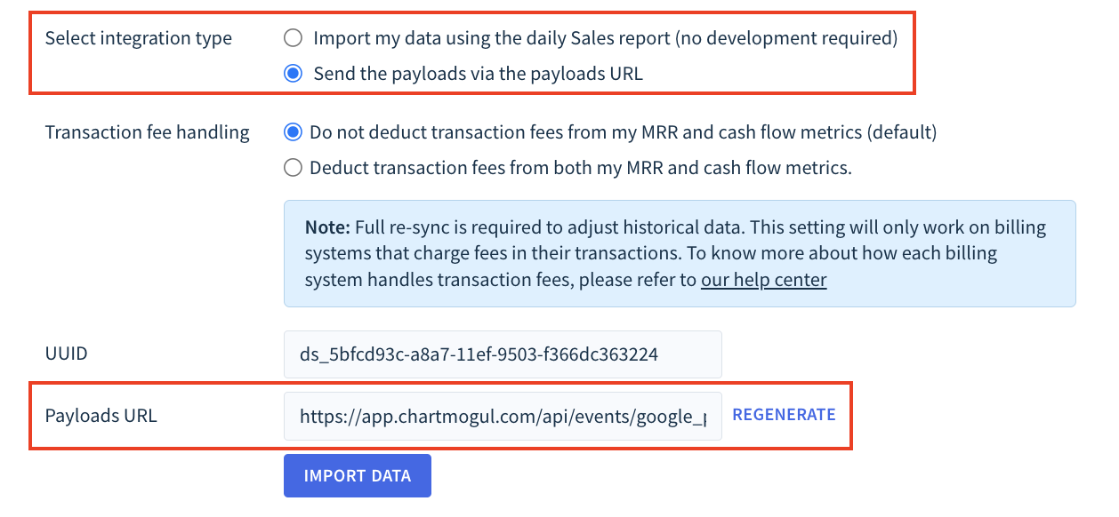 Screenshot of Google Play source configuration options with the Select integration type option and Payloads URL field highlighted.