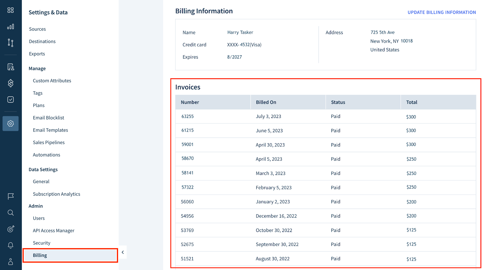 The Billing page showing two sections: Billing Information and Invoices. The Invoices section lists all customer’s invoices as a table with the following columns: Number, Billed On, Status, and Total.