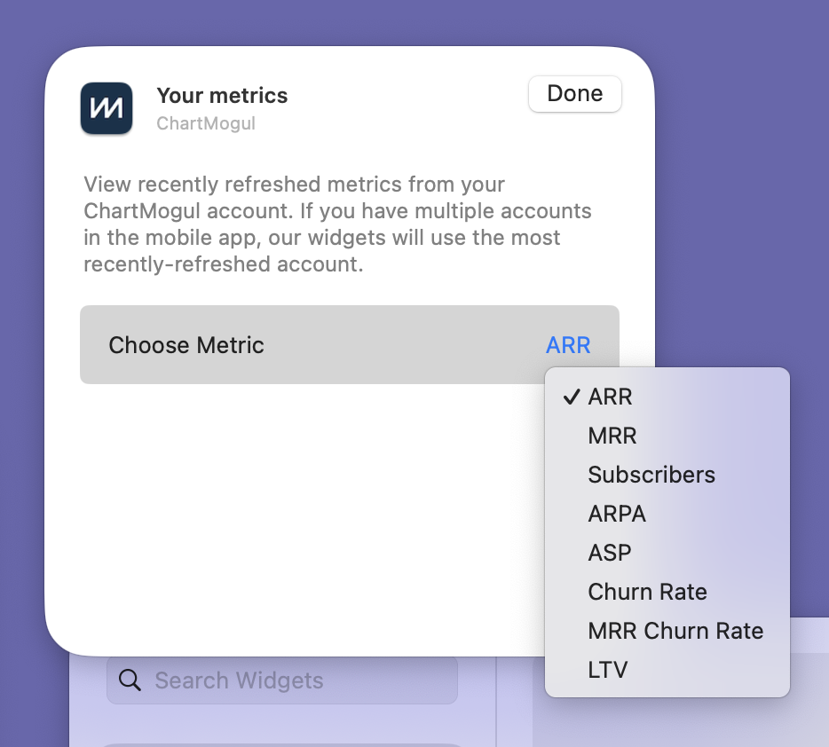 Screenshot of the ChartMogul widget’s menu to choose a metric.