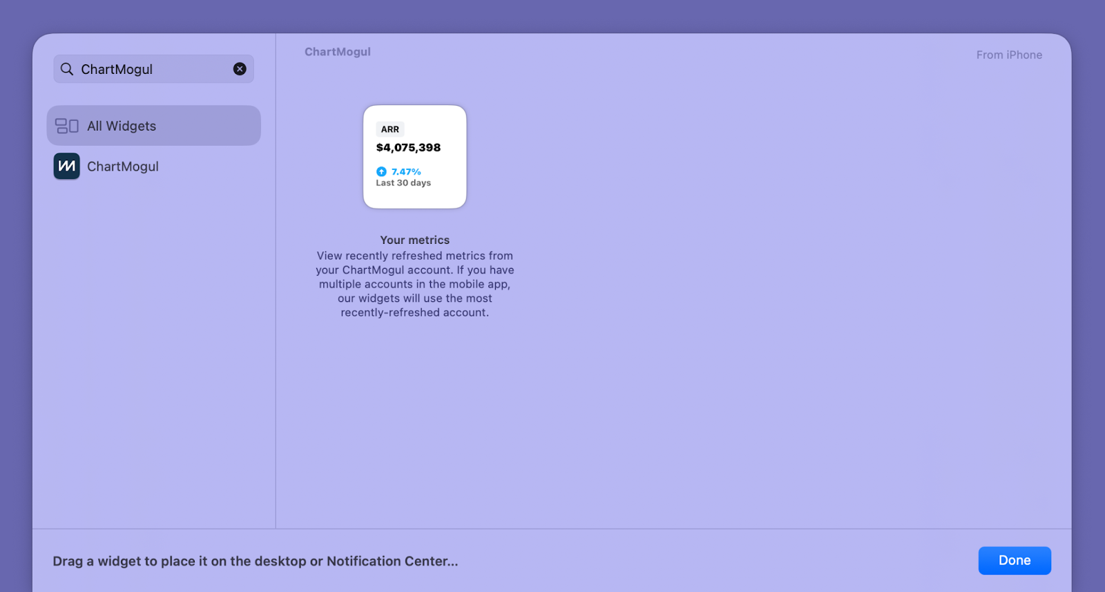 Screenshot of the widget gallery showing the ChartMogul widget.