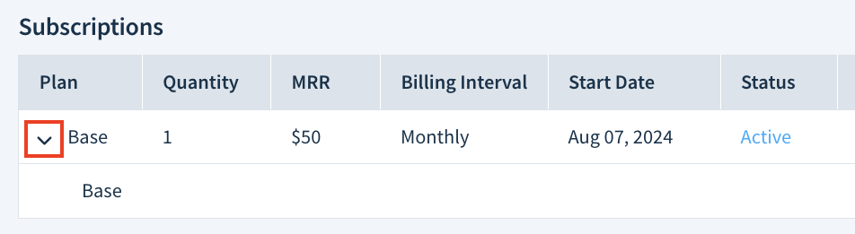 Screenshot of a portion of the Subscriptions table. The table lists a primary subscription that, when expanded, shows a secondary subscription.