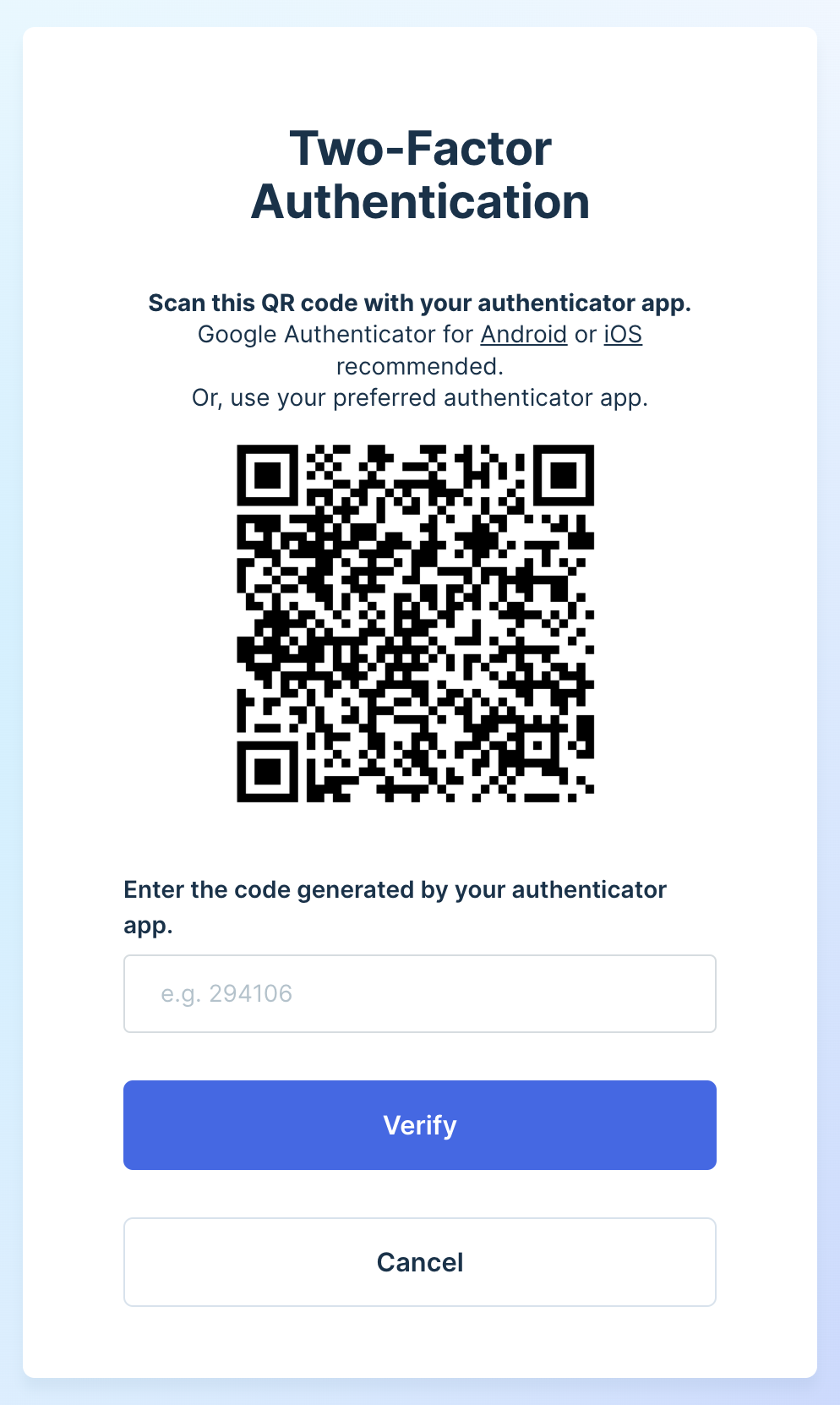 Screenshot of the Two-factor authentication screen with a QR code and a field to enter an authenticator code. Below the field there are two buttons: Verify and Cancel.