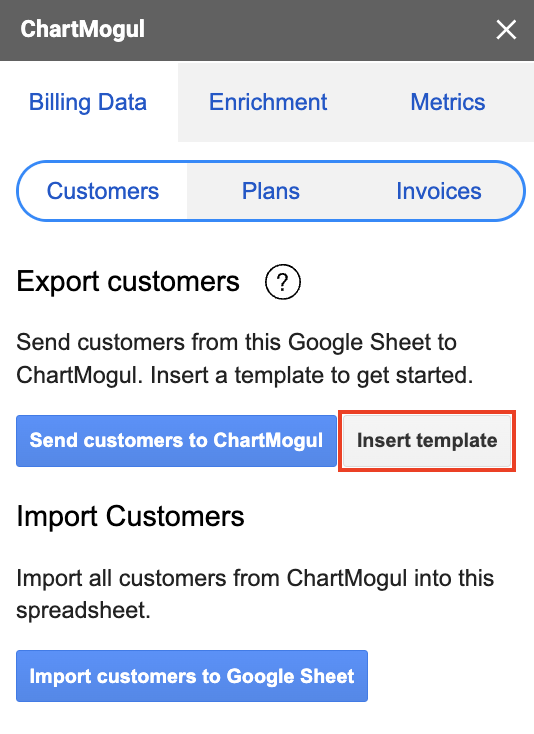 Screenshot of the Customers subtab within the Billing Data tab with the Insert template button highlighted.