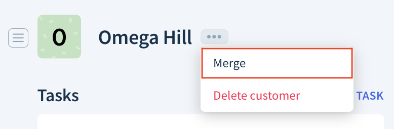 Screenshot of a customer record header highlighting the Merge option in the drop-down next to the customer name.