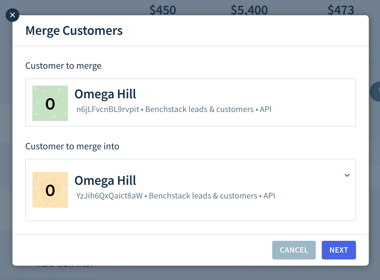 Screenshot of two customer profiles to be merged. Both companies are called Omega Hill.